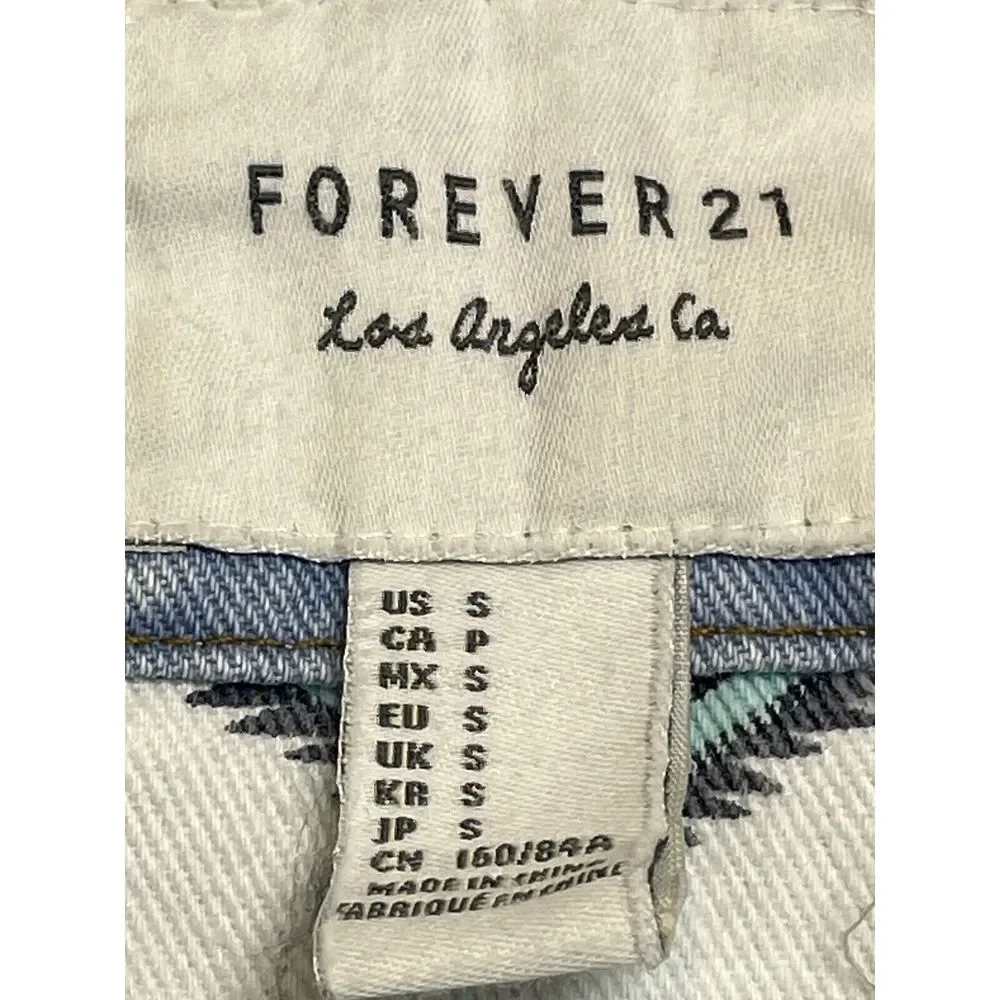 Forever 21 Jacket Women S Blue Denim Aztec Embellished Distressed Trucker‎ A+